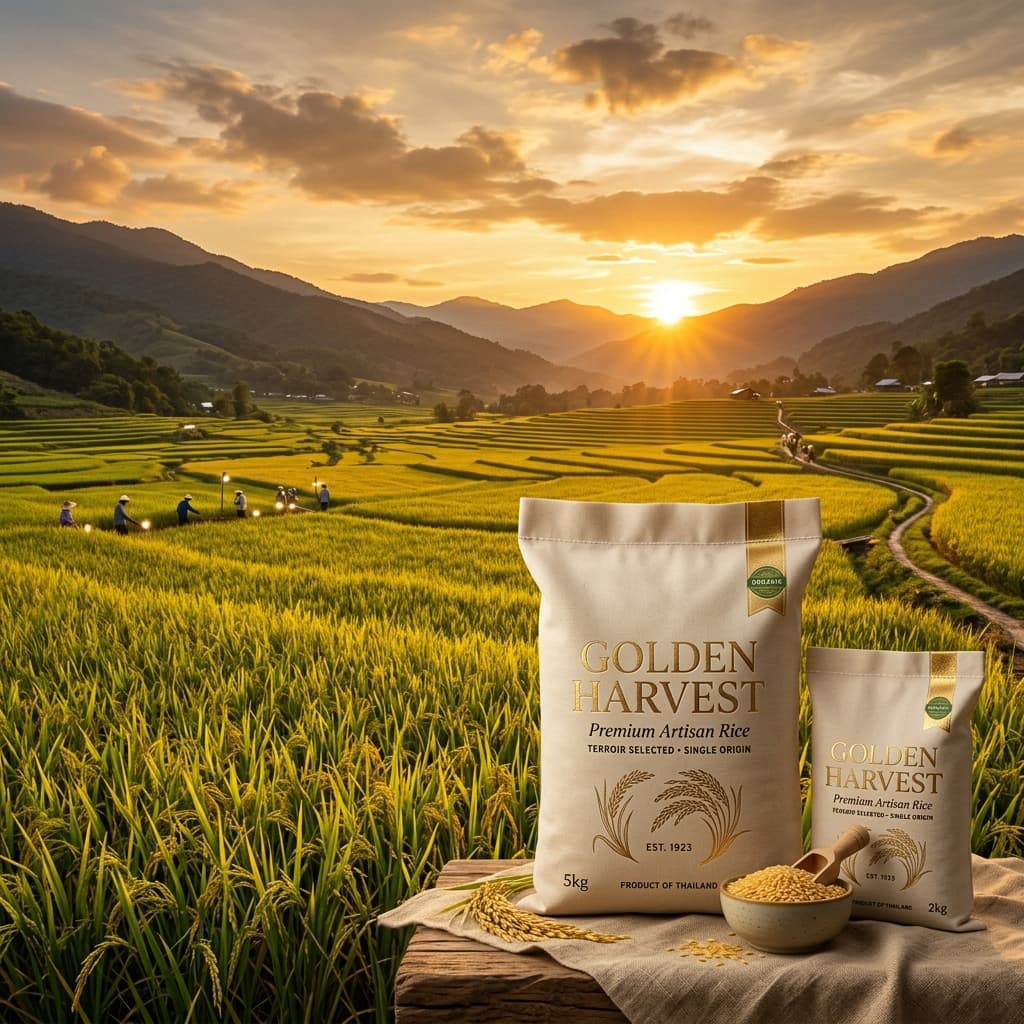 Golden paddy fields at sunset — BCB premium rice